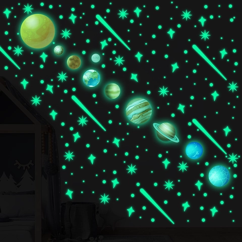 Solar System Luminous Wall Stickers Glow In The Dark Planets Stars Meteors Dots PVC Fluorescent Decals Kids Bedroom Decor