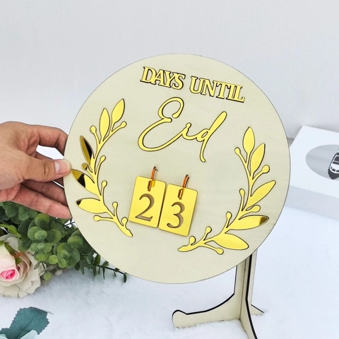Wooden Eid Countdown Calendar Ornament Round Board With Gold Acrylic Letters Days Until Eid Desktop Decoration Gift