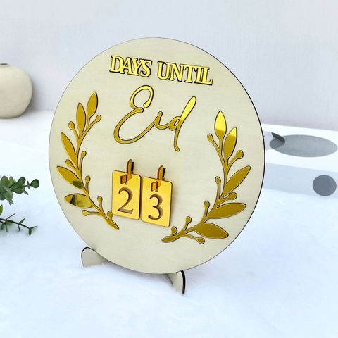Wooden Eid Countdown Calendar Ornament Round Board With Gold Acrylic Letters Days Until Eid Desktop Decoration Gift
