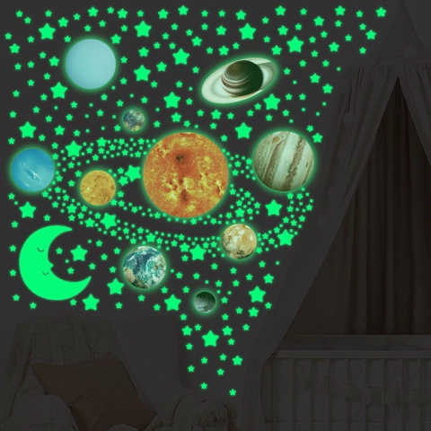 Adesivi Murali Sistema Solare Fluorescenti Al Buio Per Soffitto Pianeti Luna Stelle Luminosi PVC Autoadesivi Arredo Camera Spazio Per Bambini