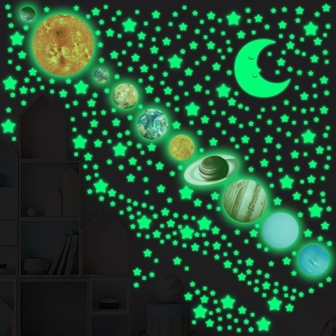Adesivi Murali Sistema Solare Fluorescenti Al Buio Per Soffitto Pianeti Luna Stelle Luminosi PVC Autoadesivi Arredo Camera Spazio Per Bambini