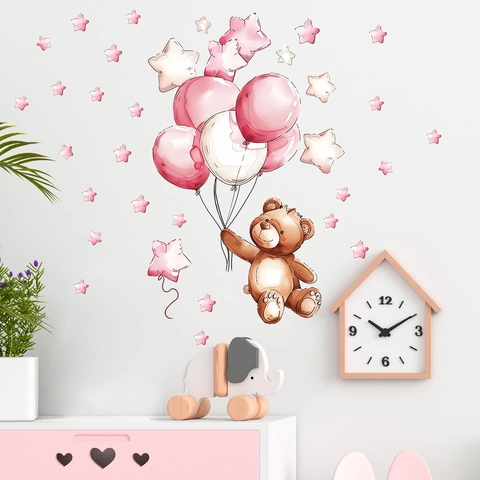 Rosa Cartoon Bär Mit Luftballons Wandtattoo Aquarell Stern Aufkleber Für Kinderzimmer Kindergarten Wasserdicht Dekor