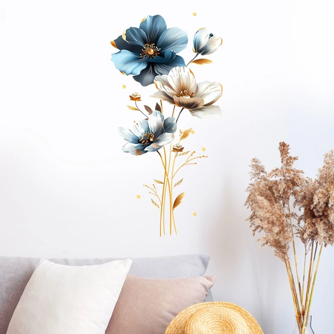 3D Geprägte Blumen Wandtattoo Blau Weiß Gold Blumenmuster PVC Selbstklebend Abnehmbare Aufkleber Für Schlafzimmer Home Deko