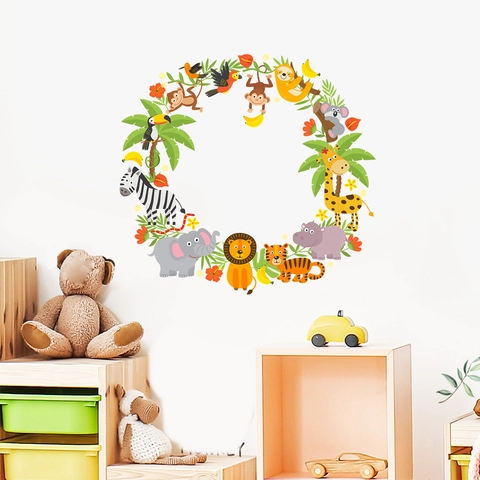 Jungle Animal Wreath Wall Sticker PVC Waterproof Cartoon Lion Elephant Giraffe Decal For Kids Room Nursery Bedroom Decoration