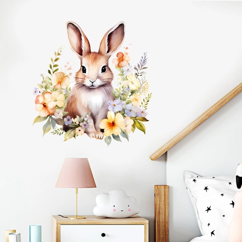 Cute Watercolor Rabbit And Flower Wall Sticker For Kids Nursery Bedroom PVC Self Adhesive Decorative Animal Mural Decal