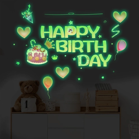 Luminous Happy Birthday Wall Sticker Fluorescent Glow In The Dark PVC Decal For Kids Room Party Decor
