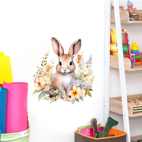 Cute Watercolor Rabbit And Flower Wall Sticker For Kids Nursery Bedroom PVC Self Adhesive Decorative Animal Mural Decal