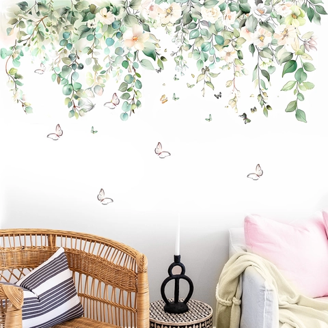 Aquarell Blume Ranke Schmetterling Wandtattoo PVC Aufkleber Für Schlafzimmer Wohnzimmer Hintergrund Dekoration Modern Home Decor