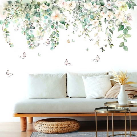 Aquarell Blume Ranke Schmetterling Wandtattoo PVC Aufkleber Für Schlafzimmer Wohnzimmer Hintergrund Dekoration Modern Home Decor
