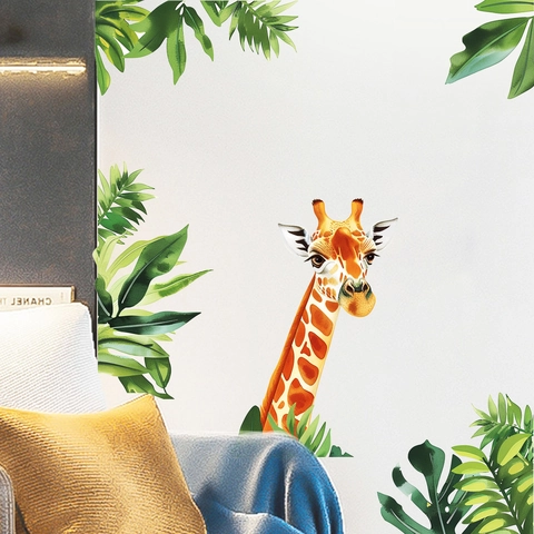 Kreativer Giraffenkopf Wandaufkleber Tropische Grüne Blätter Abnehmbares PVC Wandtattoo Für Wohnzimmer Schlafzimmer Home Dekoration Mural