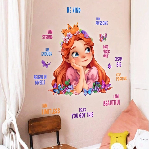 Cartoon Princess Inspirational Wall Stickers PVC Multicolor Butterfly Flowers Quotes Wall Decal For Kids Room Bedroom Decor
