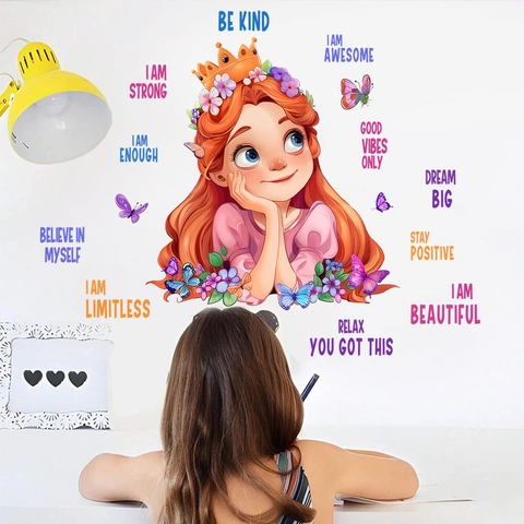 Cartoon Princess Inspirational Wall Stickers PVC Multicolor Butterfly Flowers Quotes Wall Decal For Kids Room Bedroom Decor