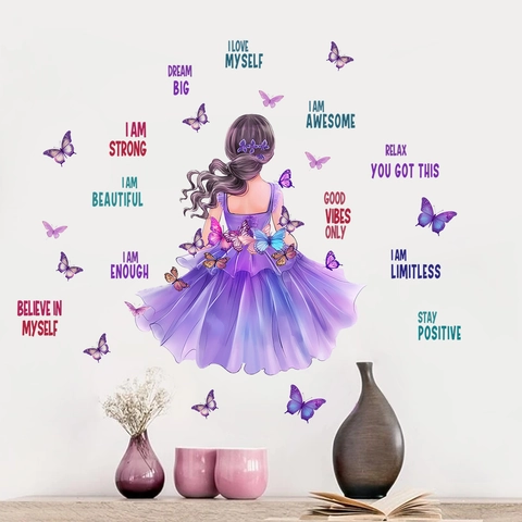 Vlinder Meisje Inspirerende Citaten Muursticker Paarse Jurk Meisje Vlinders PVC Muursticker Voor Slaapkamer Woonkamer Decor