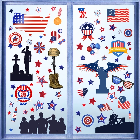 Adesivi per Finestre del Giorno dell'Indipendenza USA 4 Luglio Adesivi Murali Patriottici Rosso Bianco Blu Decalcomanie Statiche in PVC per Decorazione