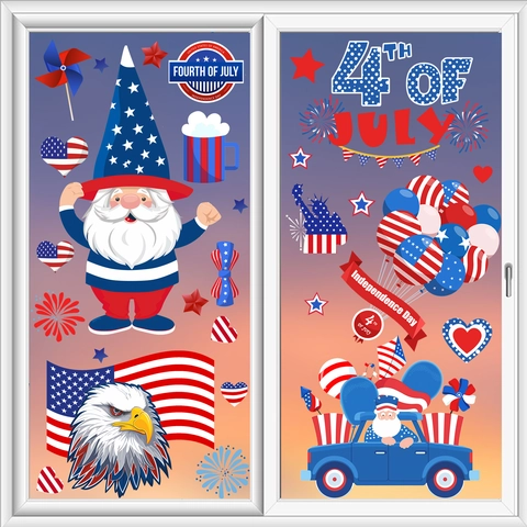Independence Day Window Stickers Set PVC Patriotic Gnomes Eagles American Flag Decor For 4th Of July Home Window Decorations