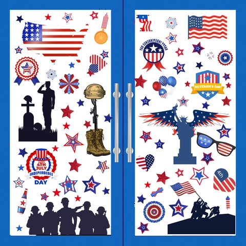 Adesivi per Finestre del Giorno dell'Indipendenza USA 4 Luglio Adesivi Murali Patriottici Rosso Bianco Blu Decalcomanie Statiche in PVC per Decorazione