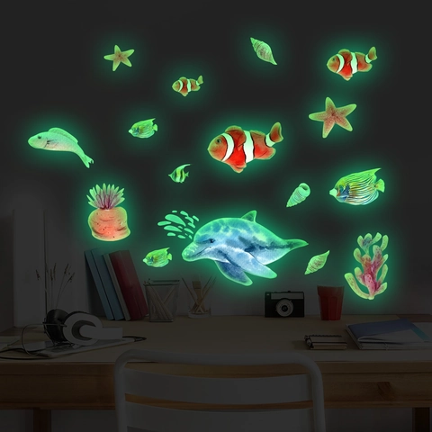 Lichtgevende Oceaan Muurstickers PVC Schildpad Dolfijn Vis Koraal Fluorescerende Stickers Voor Kinderkamer Slaapkamer