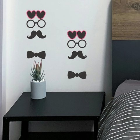 Divertidas Gafas Bigote Pajarita Pegatina de Pared Removible Impermeable PVC Decals Para Dormitorio Sala de Estar Baño Refrigerador