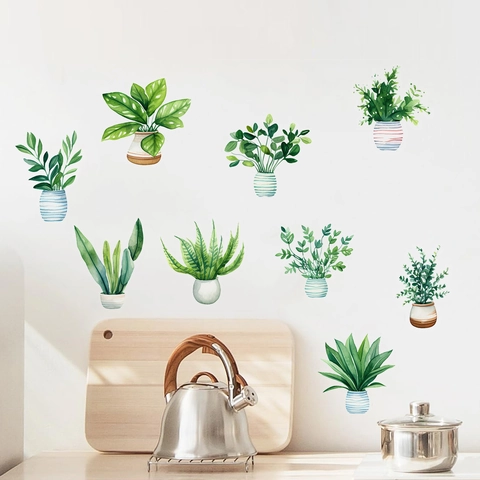 Pegatinas De Pared De Plantas En Maceta De Acuarela PVC Autoadhesivo Nórdico Botánico Hoja Verde Para Decoración De Sala De Estar