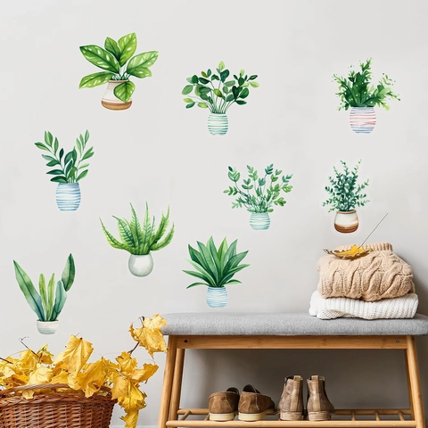 Pegatinas De Pared De Plantas En Maceta De Acuarela PVC Autoadhesivo Nórdico Botánico Hoja Verde Para Decoración De Sala De Estar