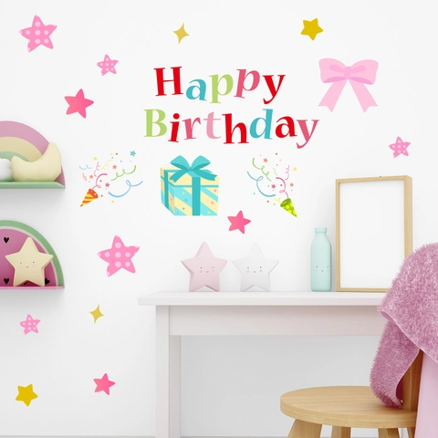 Adesivo da Parete Luminoso Happy Birthday Brilla al Buio Stelle Scatola Regalo per Cameretta Festa di Compleanno PVC Murale