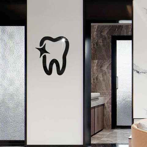 Moderno Adesivo da Parete a Specchio a Forma di Dente Acrilico 3D Superficie a Specchio Decorazione per Clinica Dentale e Camera