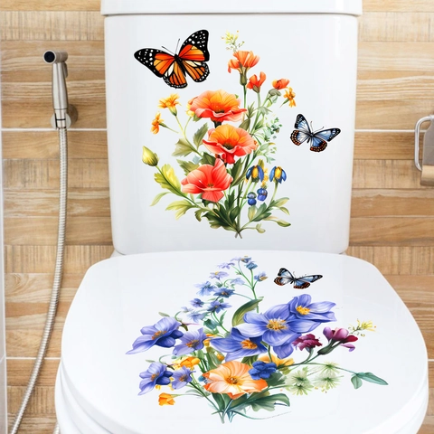 Pegatina Impermeable Tapa Inodoro Flores Mariposas PVC Extraíble Calcomanía Pared Floral Autoadhesiva Decoración Baño Hogar