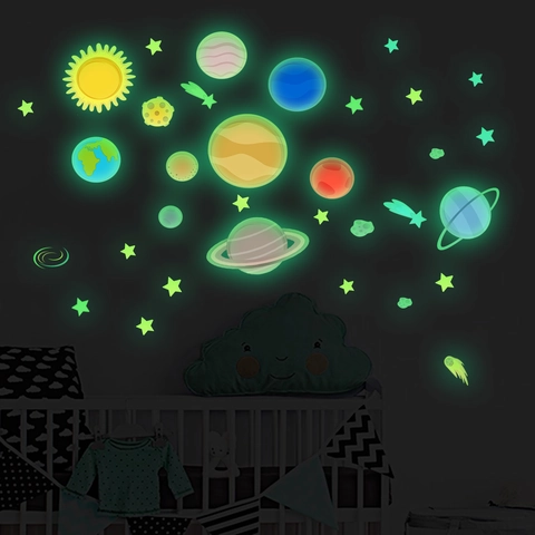 Adesivi Murali Sistema Solare Fluorescenti Stelle Pianeti Decalcomanie Per Camera Dei Bambini In PVC Decorazione Parete