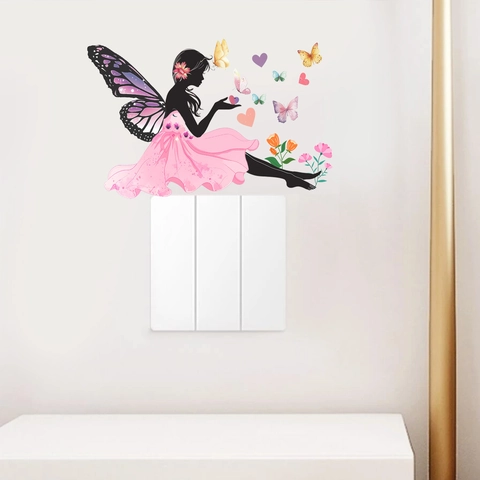 Modern Minimalistisch PVC Schmetterlingsfee Schalteraufkleber Romantisch Cartoon Wandtattoo Für Schlafzimmer Wohnzimmer Haus Dekoration