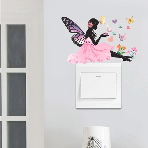 Modern Minimalistisch PVC Schmetterlingsfee Schalteraufkleber Romantisch Cartoon Wandtattoo Für Schlafzimmer Wohnzimmer Haus Dekoration