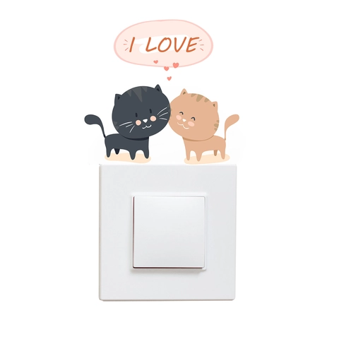 Cute Cartoon Cat Switch Wall Sticker Love Heart PVC Removable Decal For Bedroom Living Room Home Decoration Mural DIY Art