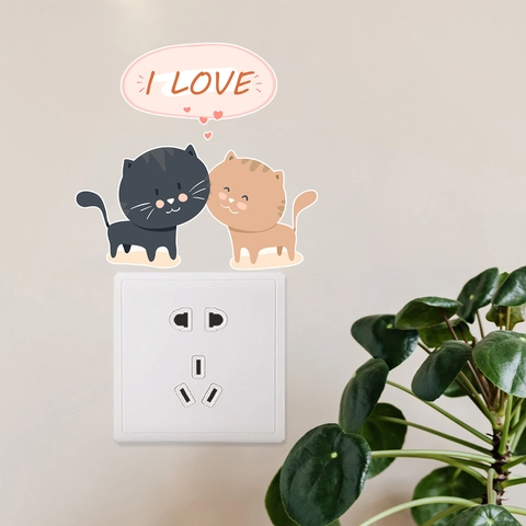 Cute Cartoon Cat Switch Wall Sticker Love Heart PVC Removable Decal For Bedroom Living Room Home Decoration Mural DIY Art