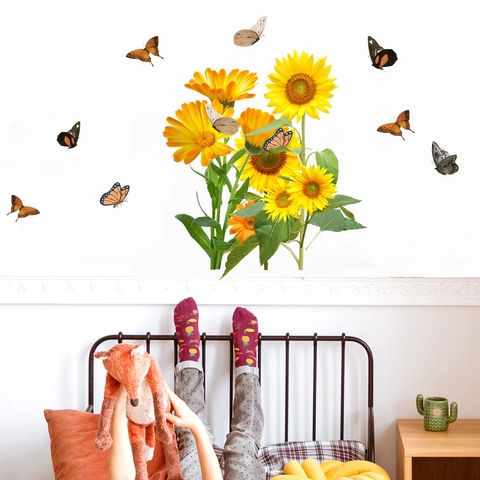 Sonnenblume Schmetterling Wandaufkleber PVC Selbstklebend Floral Wandtattoo Für Schlafzimmer Wohnzimmer Haus Dekor Wandkunst