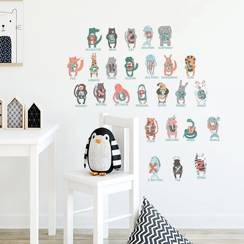 Cartoon Animal Alphabet Wall Stickers For Kids Room Bedroom PVC Waterproof Early Education ABC Letters Decals Wall Art Decor