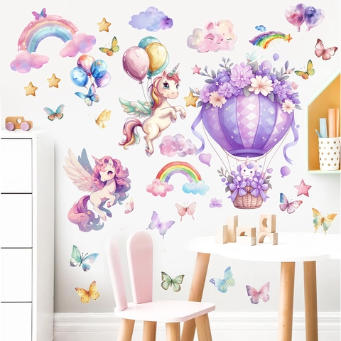 Luminous Unicorn Rainbow Wall Stickers Glow In The Dark Hot Air Balloon Butterfly Stars Clouds Wall Decals For Kids Room Decor