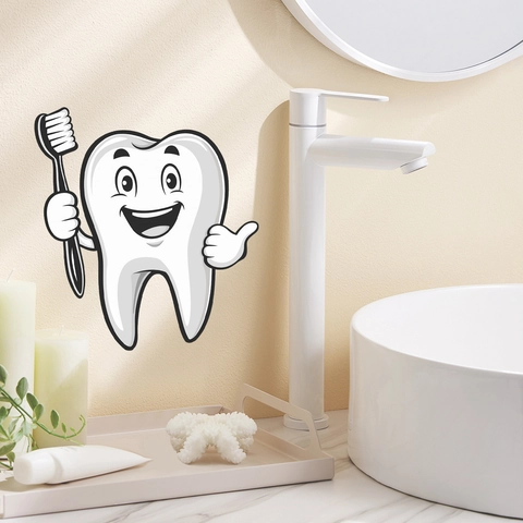 Adesivo da Parete a Forma di Dente Sorridente con Spazzolino per Bagno Decorazione Impermeabile PVC Clinica Dentale per Bambini