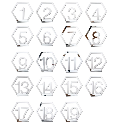 Hexagonal Spiegel Acryl Tischnummern Silber Spiegeleffekt Tischnummernschilder Mit Ständer Für Hochzeit Bankett Restaurant Dekoration