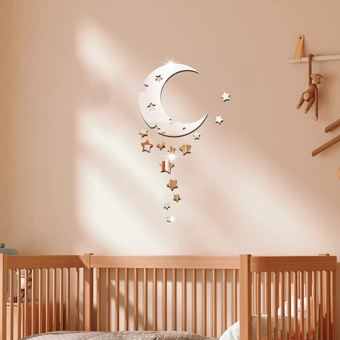 Autocollant Mural Miroir Acrylique Motif Lune Étoiles Surface Réfléchissante 3D Auto Adhésif Décoration Maison Moderne Chambre