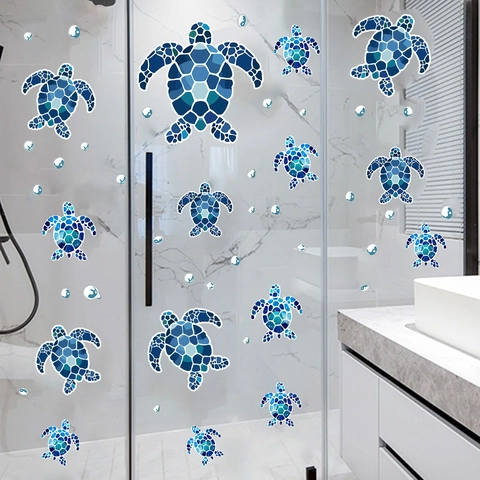 Blue Mosaic Sea Turtle Bathroom Wall Stickers PVC Waterproof DIY Glass Door Decals For Shower Room Marine Home Decor