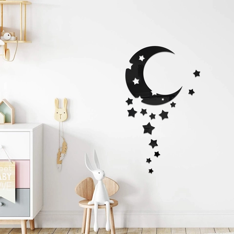 Autocollant Mural Miroir Acrylique Motif Lune Étoiles Surface Réfléchissante 3D Auto Adhésif Décoration Maison Moderne Chambre