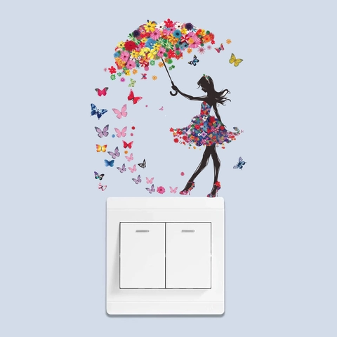 Adesivo per Interruttore Ragazza Artistica con Ombrello di Fiori e Farfalle in PVC Autoadesivo per Decorazione Soggiorno