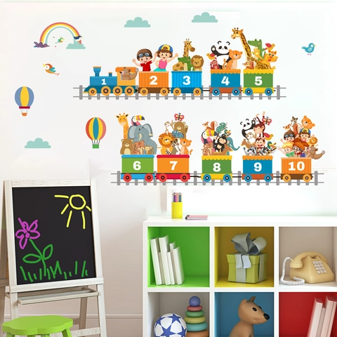 Adesivi Murali Treno Animali Digitali Cartoni Animati per Camera Bambini Educativi in PVC Rimovibili Autoadesivi Decorazione