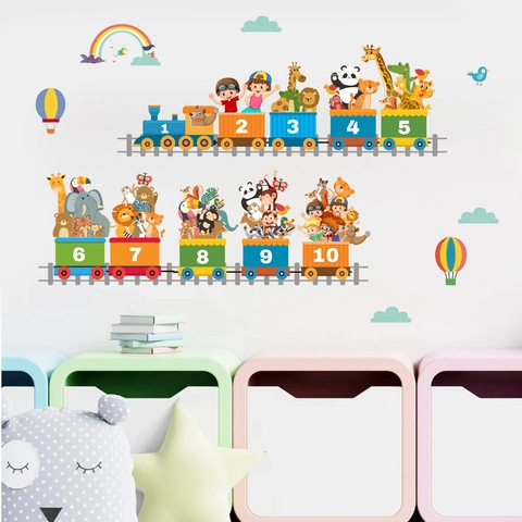 Adesivi Murali Treno Animali Digitali Cartoni Animati per Camera Bambini Educativi in PVC Rimovibili Autoadesivi Decorazione