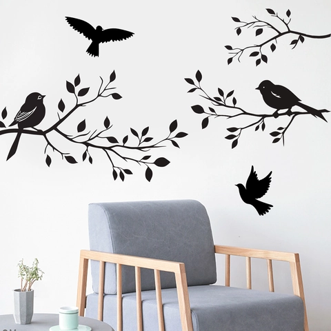 Branch And Birds Wall Sticker Black Silhouette PVC Wall Decal For Living Room Bedroom Modern Home Decor PH-QT869