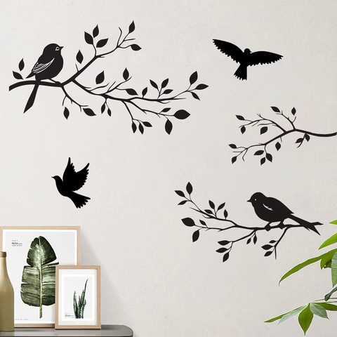 Branch And Birds Wall Sticker Black Silhouette PVC Wall Decal For Living Room Bedroom Modern Home Decor PH-QT869
