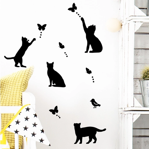 Schwarze Katze Schmetterling Wandtattoo PVC Abnehmbar DIY Tier Silhouette Aufkleber Für Zuhause Schlafzimmer Wohnzimmer Modernes Dekor