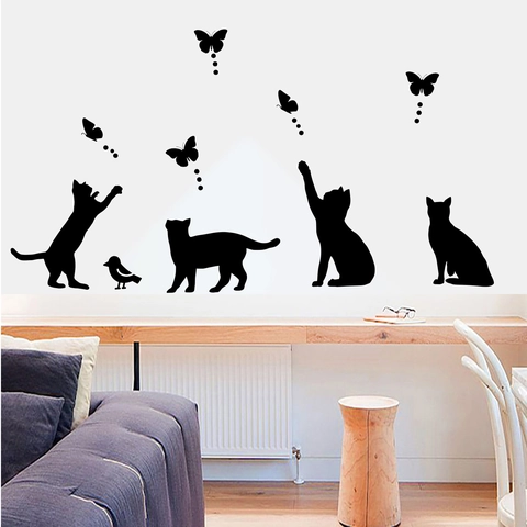 Schwarze Katze Schmetterling Wandtattoo PVC Abnehmbar DIY Tier Silhouette Aufkleber Für Zuhause Schlafzimmer Wohnzimmer Modernes Dekor