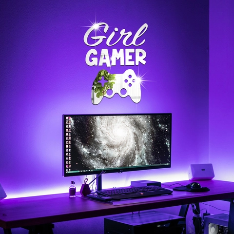 Adesivo da Parete Specchio in Acrilico Girl Gamer Design Controller Autoadesivo Decalcomania Rimovibile per Camera da Letto