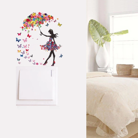 Adesivo per Interruttore Ragazza Artistica con Ombrello di Fiori e Farfalle in PVC Autoadesivo per Decorazione Soggiorno