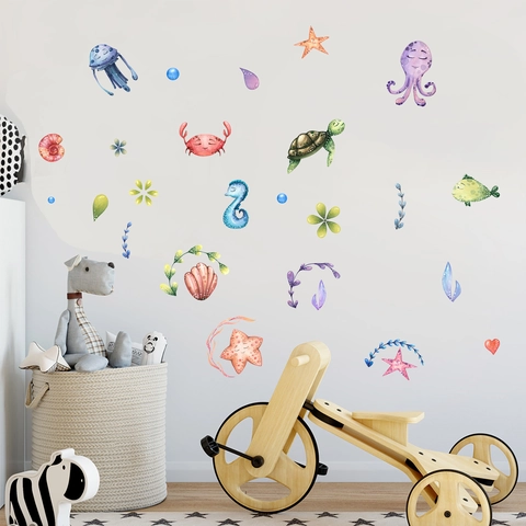 Watercolor Ocean Animal Wall Stickers PVC Waterproof Sea Turtle Octopus Decals For Kids Bedroom Nursery Home Decoration